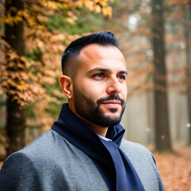 headshot of man in suite, forest fall background